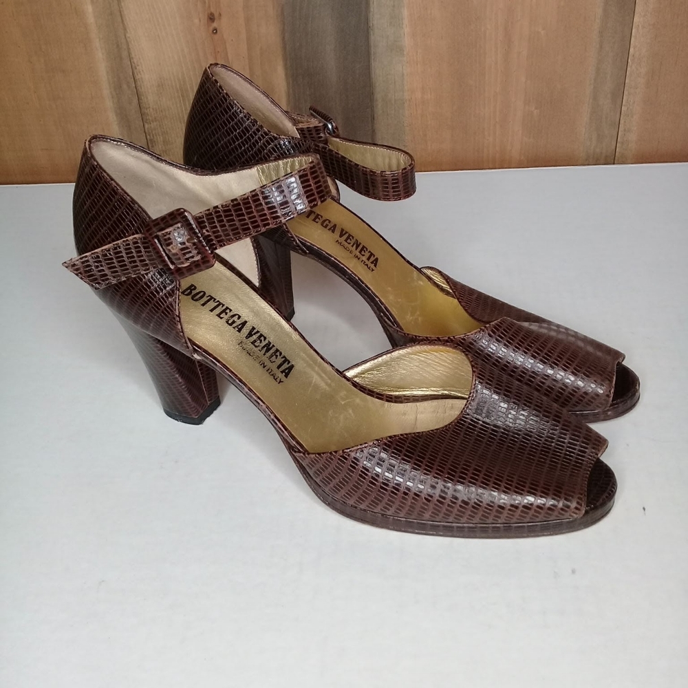 Bottega Venata Vintage Brown Reptile Peep Toe Ankle Strap Thick Heel Sz 8